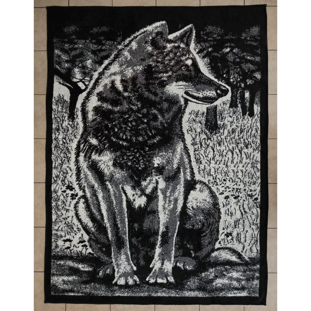 Vintage Hi Pile By San Marcos Wolf In The Woods Throw Blanket Reversible 80x60